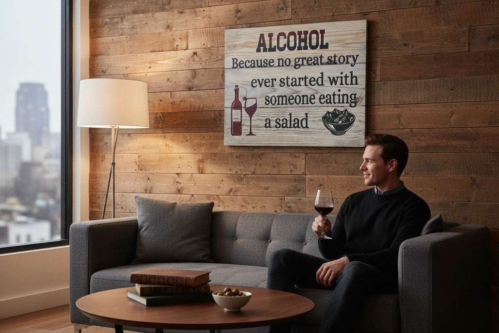 TK Wood Designs wooden sign with "ALCOHOL Because no great story ever started with someone eating a salad" text, wine bottle, wine glass, and salad bowl graphics.