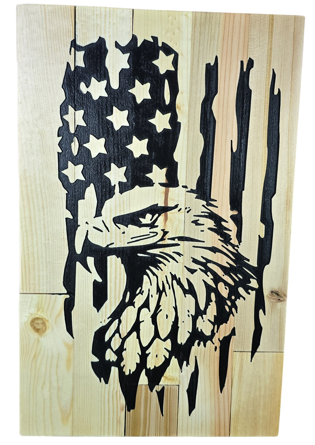 TK Wood Designs rustic American flag wood wall art with eagle silhouette. Natural wood planks with distressed black graphic.