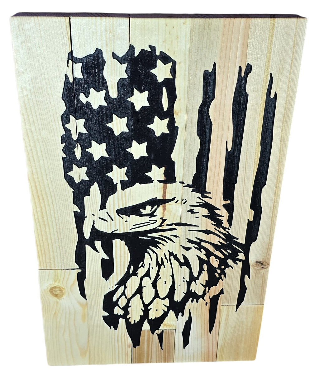 TK Wood Designs rustic American flag wood wall art with eagle silhouette. Natural wood planks with black graphic.