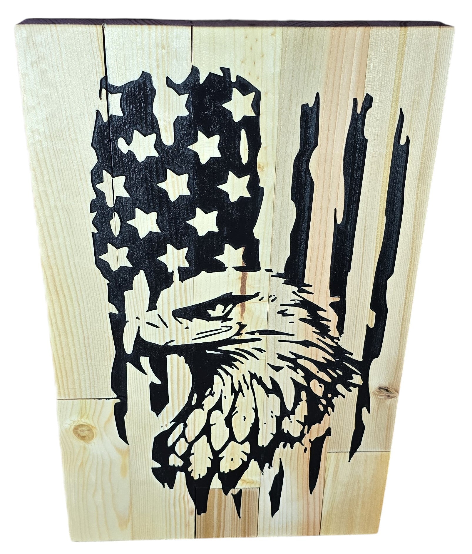 TK Wood Designs rustic American flag wood wall art with eagle silhouette. Natural wood planks with black graphic.