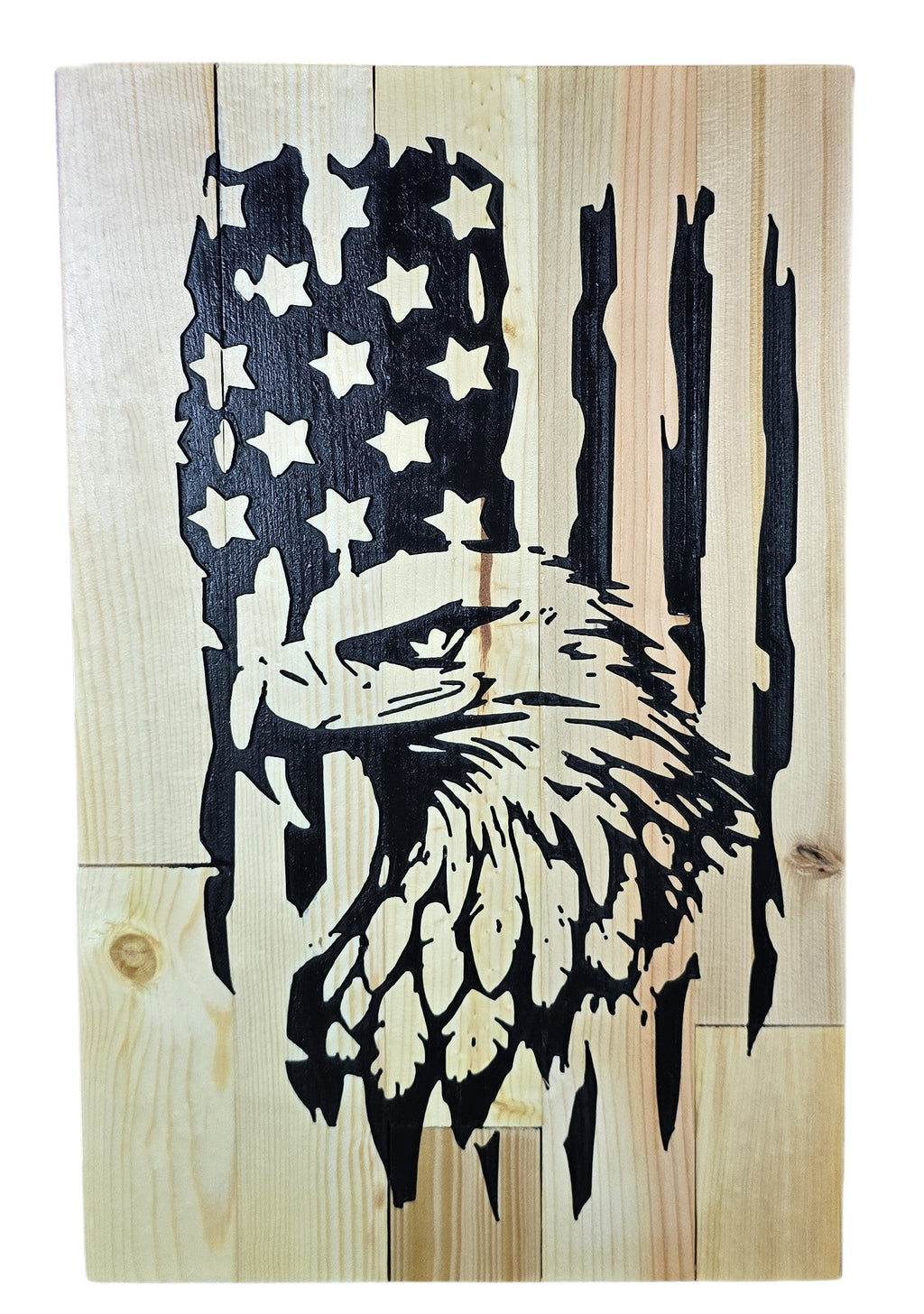 TK Wood Designs rustic American flag wood wall art with distressed eagle silhouette. Natural wood finish.