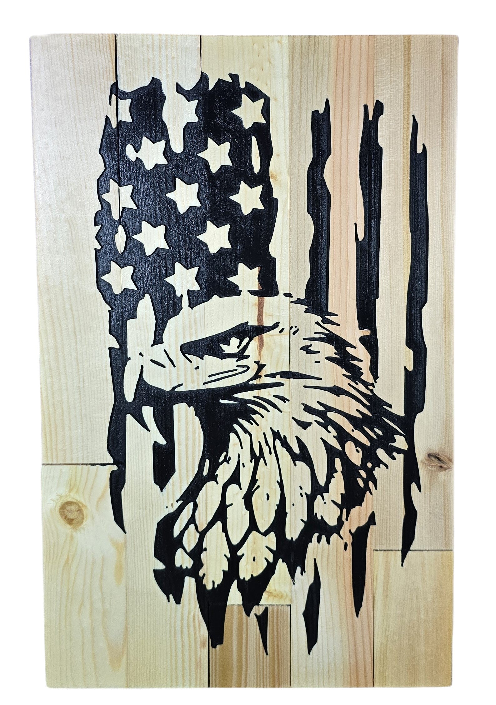 TK Wood Designs rustic American flag wood wall art with distressed eagle silhouette. Natural wood finish.