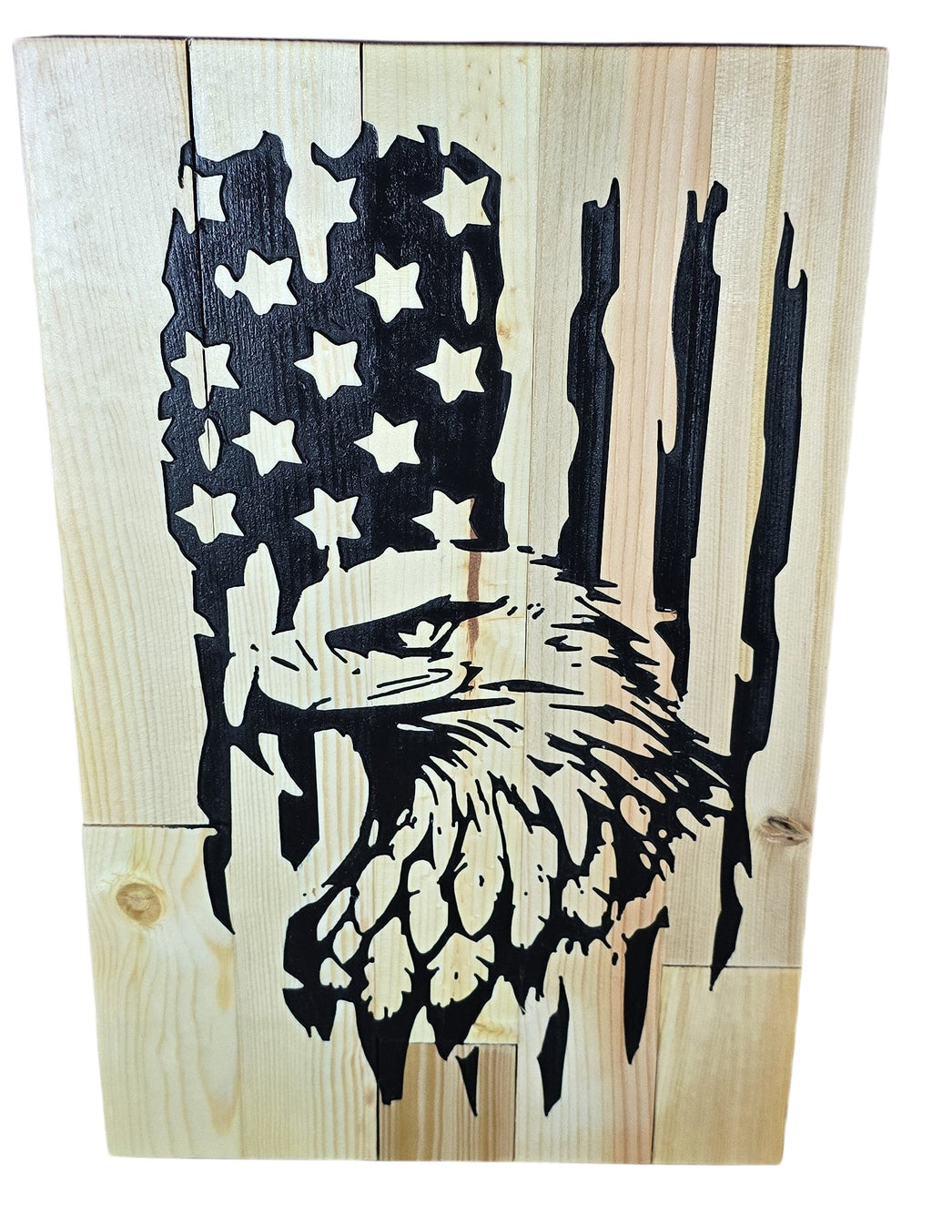 TK Wood Designs rustic American flag with eagle silhouette on natural wood planks. Features distressed design.