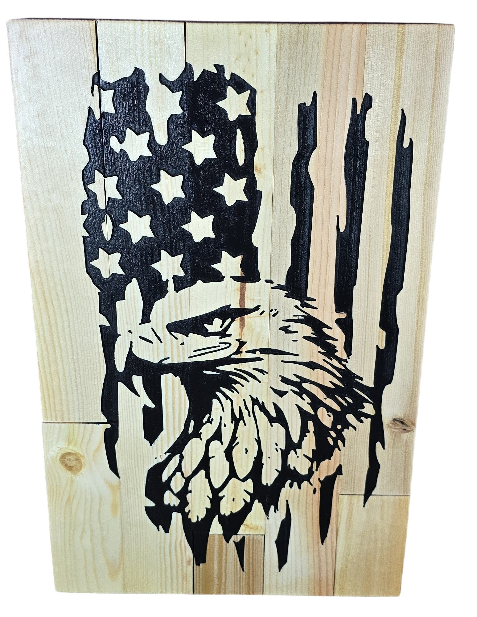 TK Wood Designs rustic American flag with eagle silhouette on natural wood planks. Features distressed design.