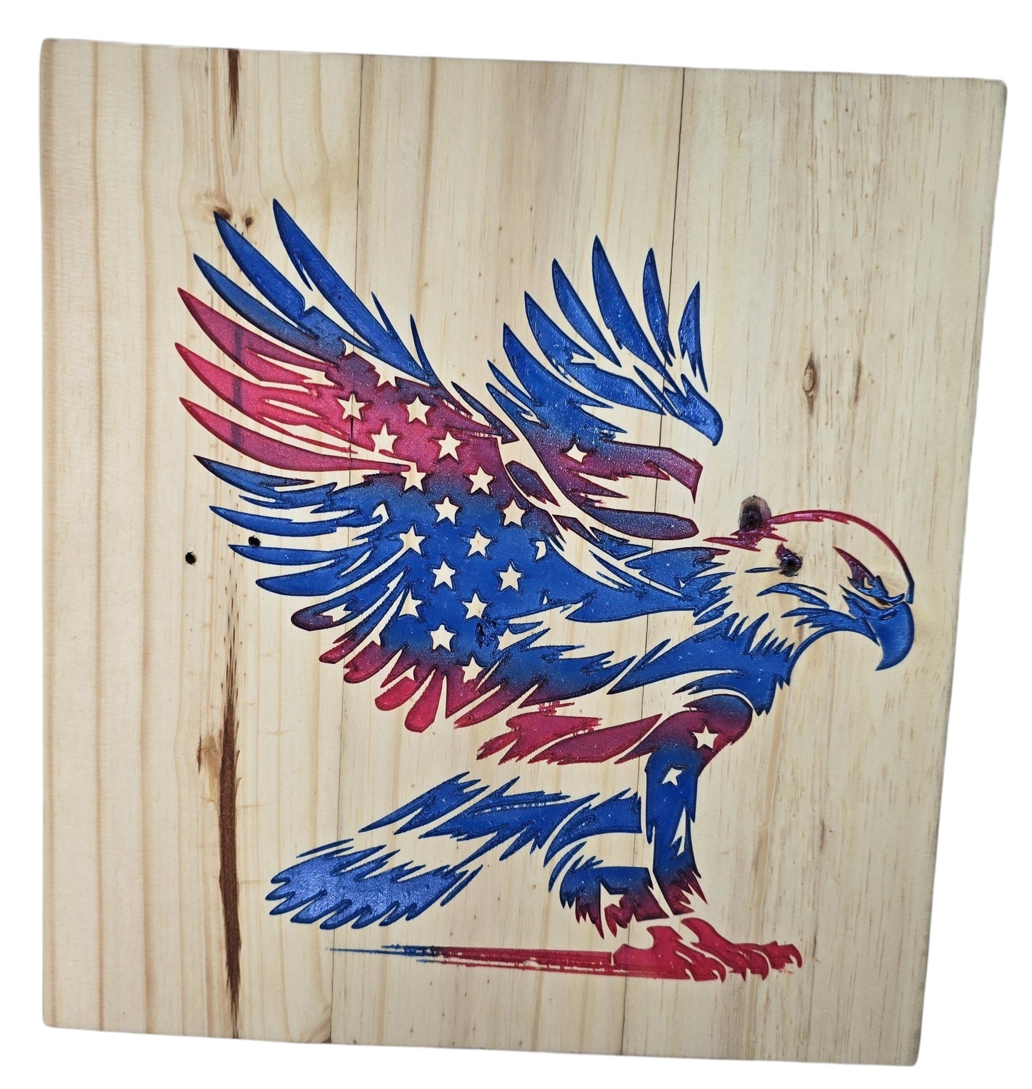 TK Wood Designs patriotic American eagle wood wall art with red, white, and blue flag design.