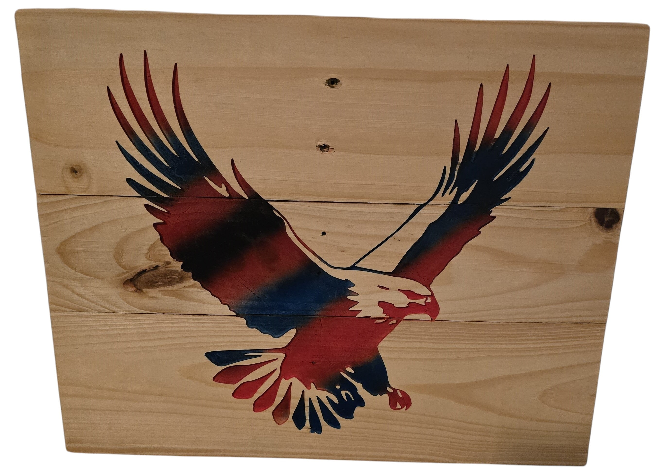 TK Wood Designs American Eagle wood wall art with red, white, and blue painted wings.