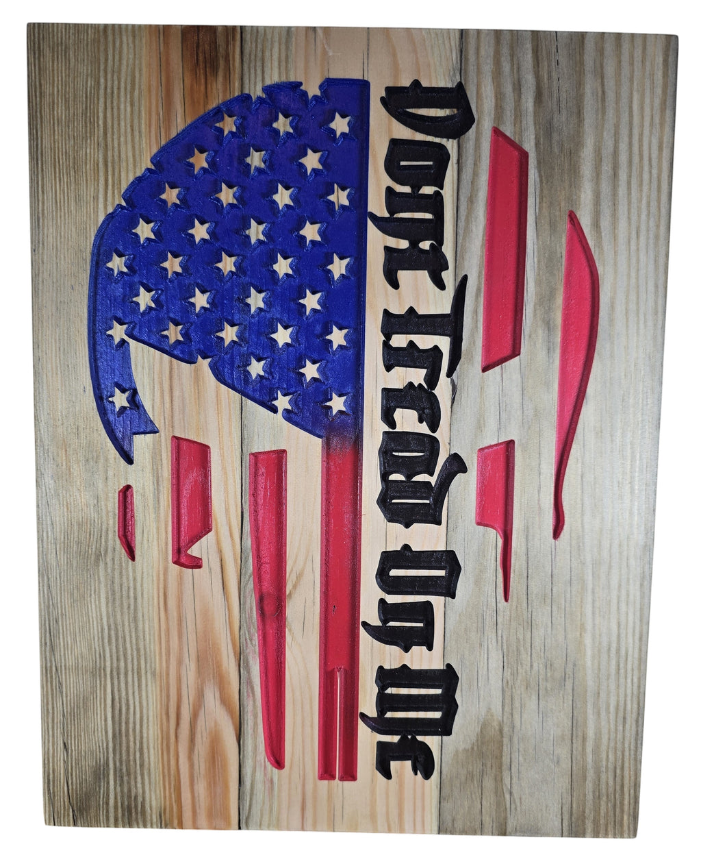 TK Wood Designs wooden sign featuring a distressed American flag skull with "Don't Tread On Me" text. 16" H x 12 3/4" W.
