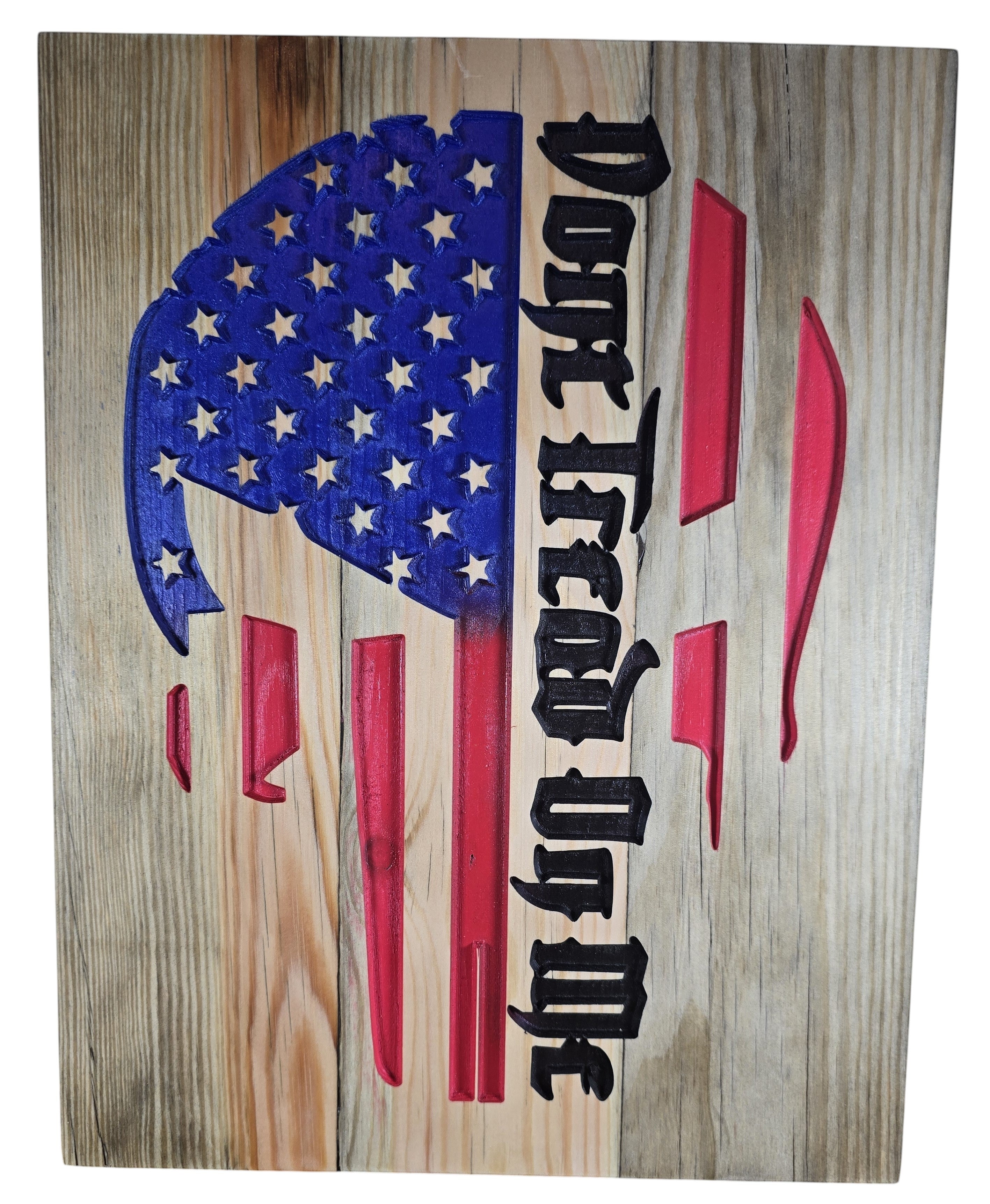 TK Wood Designs wooden sign featuring a distressed American flag skull with "Don't Tread On Me" text. 16" H x 12 3/4" W.