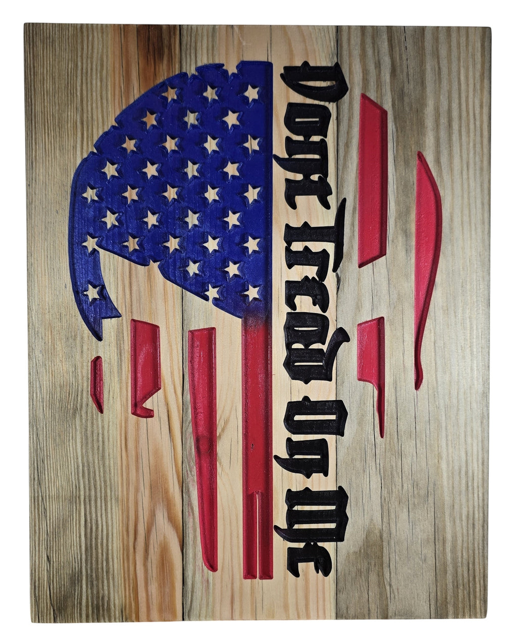 TK Wood Designs wooden sign featuring a distressed American flag skull with "Don't Tread On Me" text.