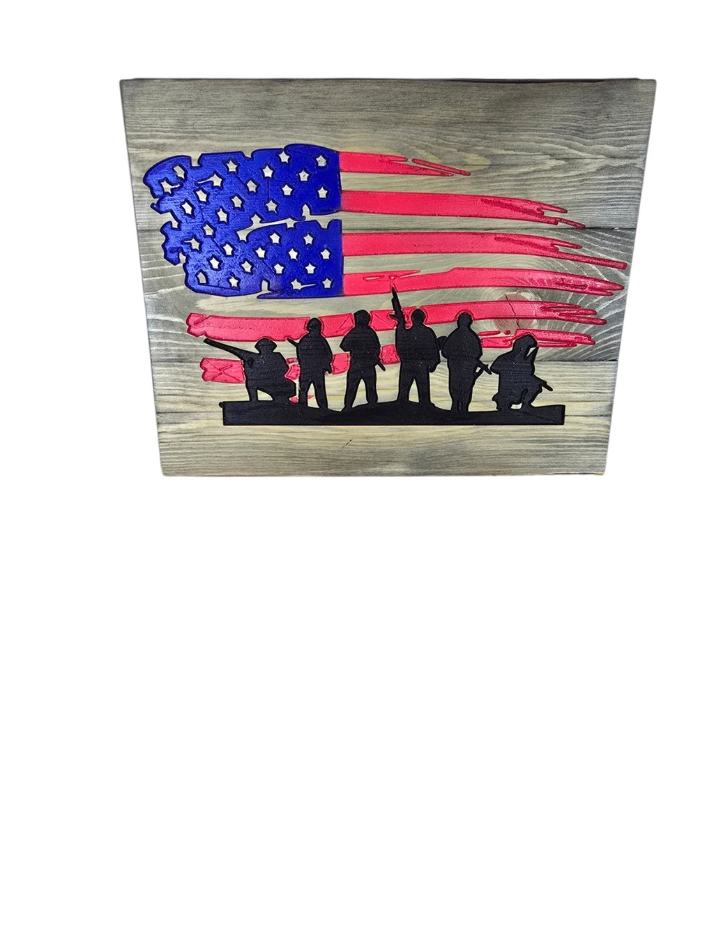 TK Wood Designs handcrafted wooden American flag wall art with a black soldier silhouette and distressed finish.