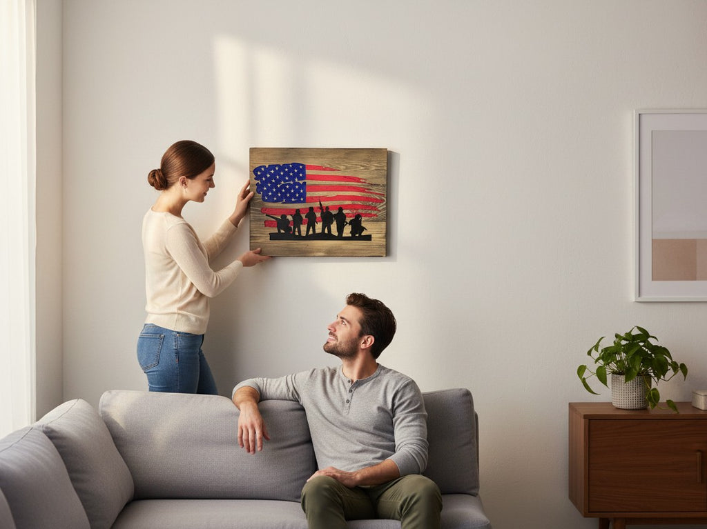TK Wood Designs handcrafted wooden American flag wall art with a soldier silhouette hanging in a modern living room.
