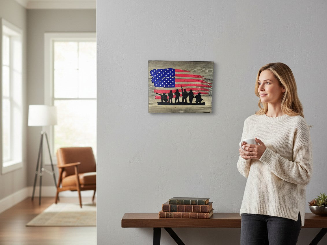 TK Wood Designs handcrafted wooden American flag wall art with a soldier silhouette hanging in a modern living room.