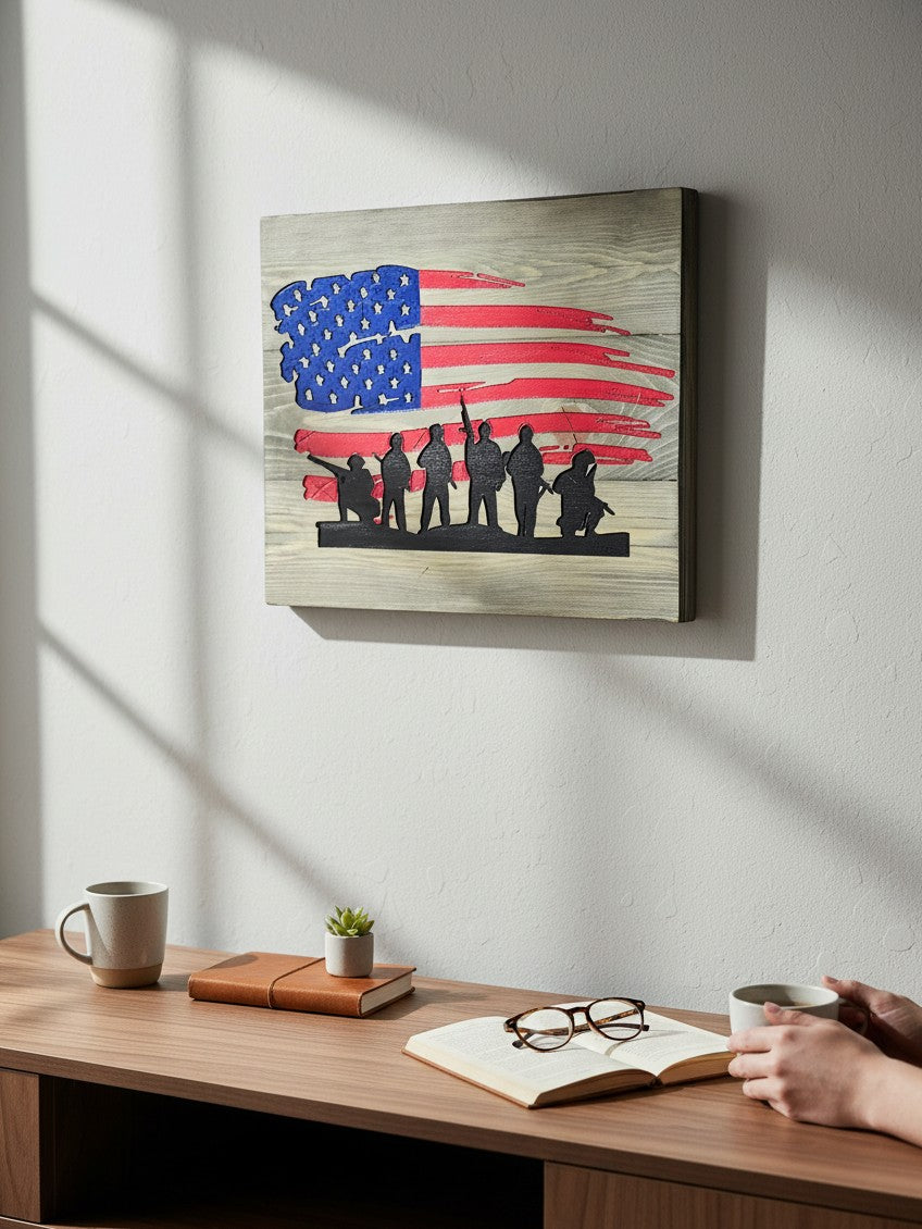 TK Wood Designs handcrafted wooden American flag wall art with a black soldier silhouette on a rustic wood background.