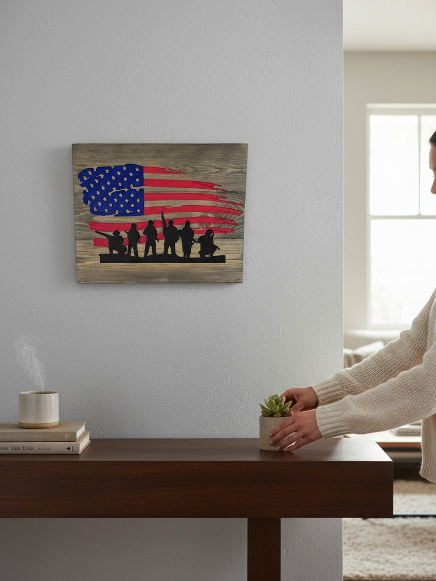 TK Wood Designs handcrafted wooden American flag wall art with a black soldier silhouette on a rustic wood background.