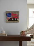 TK Wood Designs handcrafted wooden American flag wall art with a black soldier silhouette on a rustic wood background.