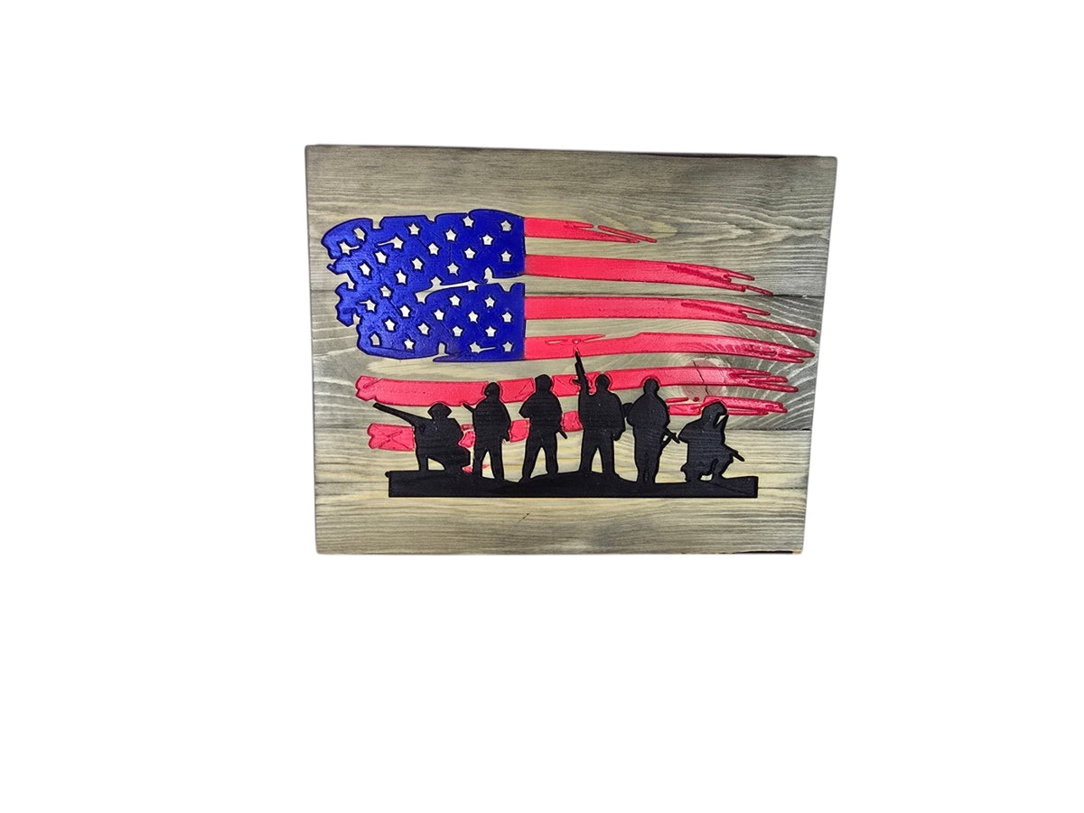 TK Wood Designs handcrafted wooden American flag wall art featuring a distressed red, white, and blue soldier silhouette.