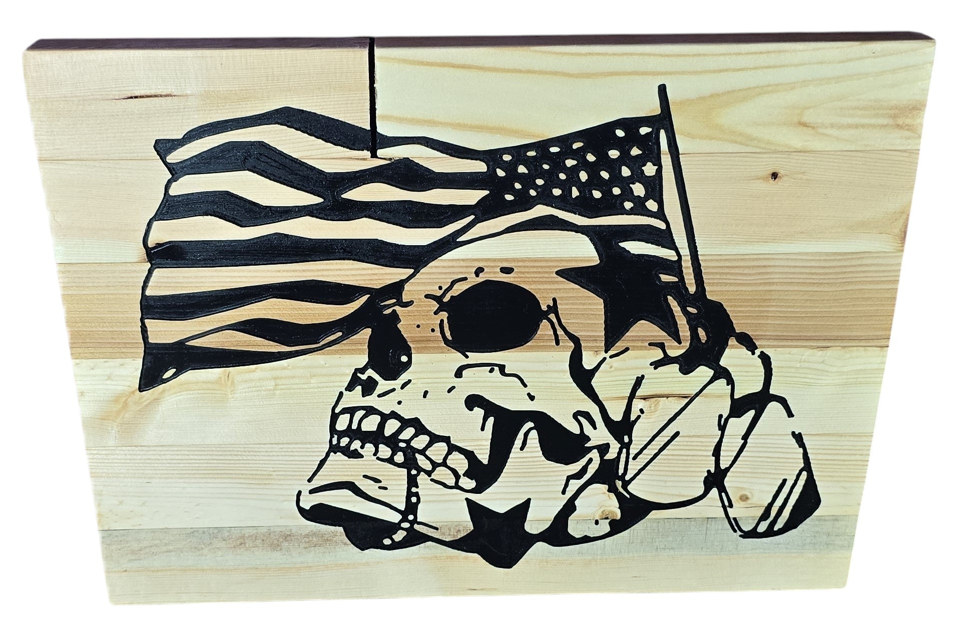 TK Wood Designs American Skull Flag wood wall art. Natural wood with black graphic of skull and US flag.
