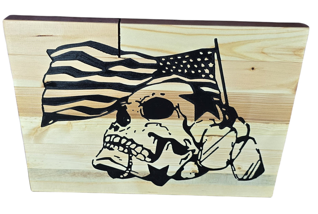 TK Wood Designs American Skull Flag wood wall art with black graphic on natural wood.