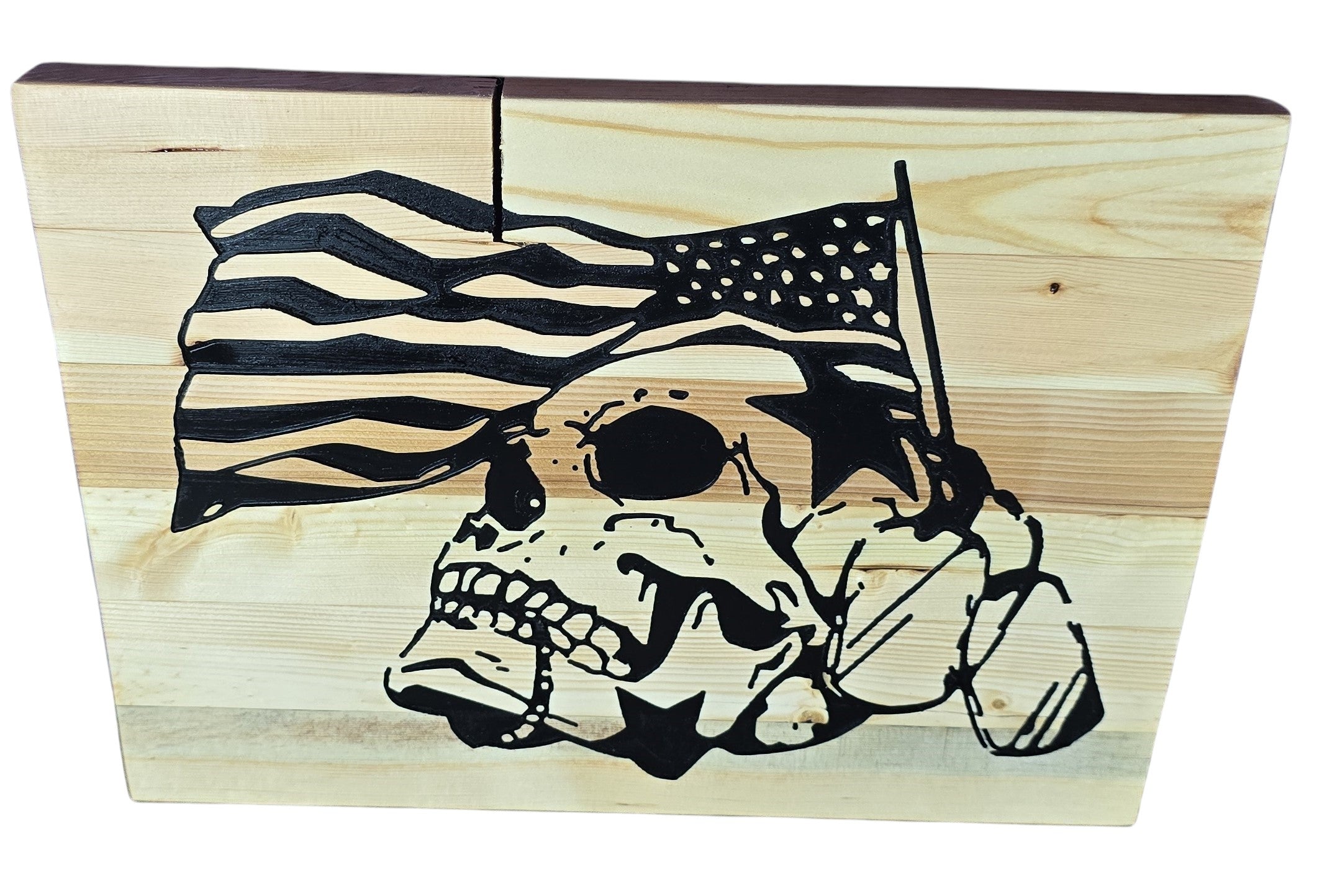 TK Wood Designs American Skull Flag wood wall art with black graphic on natural wood.