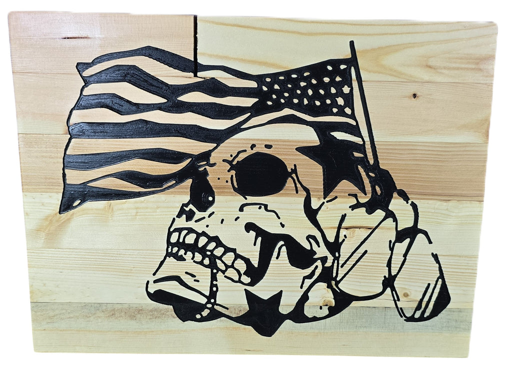 TK Wood Designs American Skull Flag Wood Wall Art. Natural wood with black graphic of skull and US flag. Rustic, edgy design.