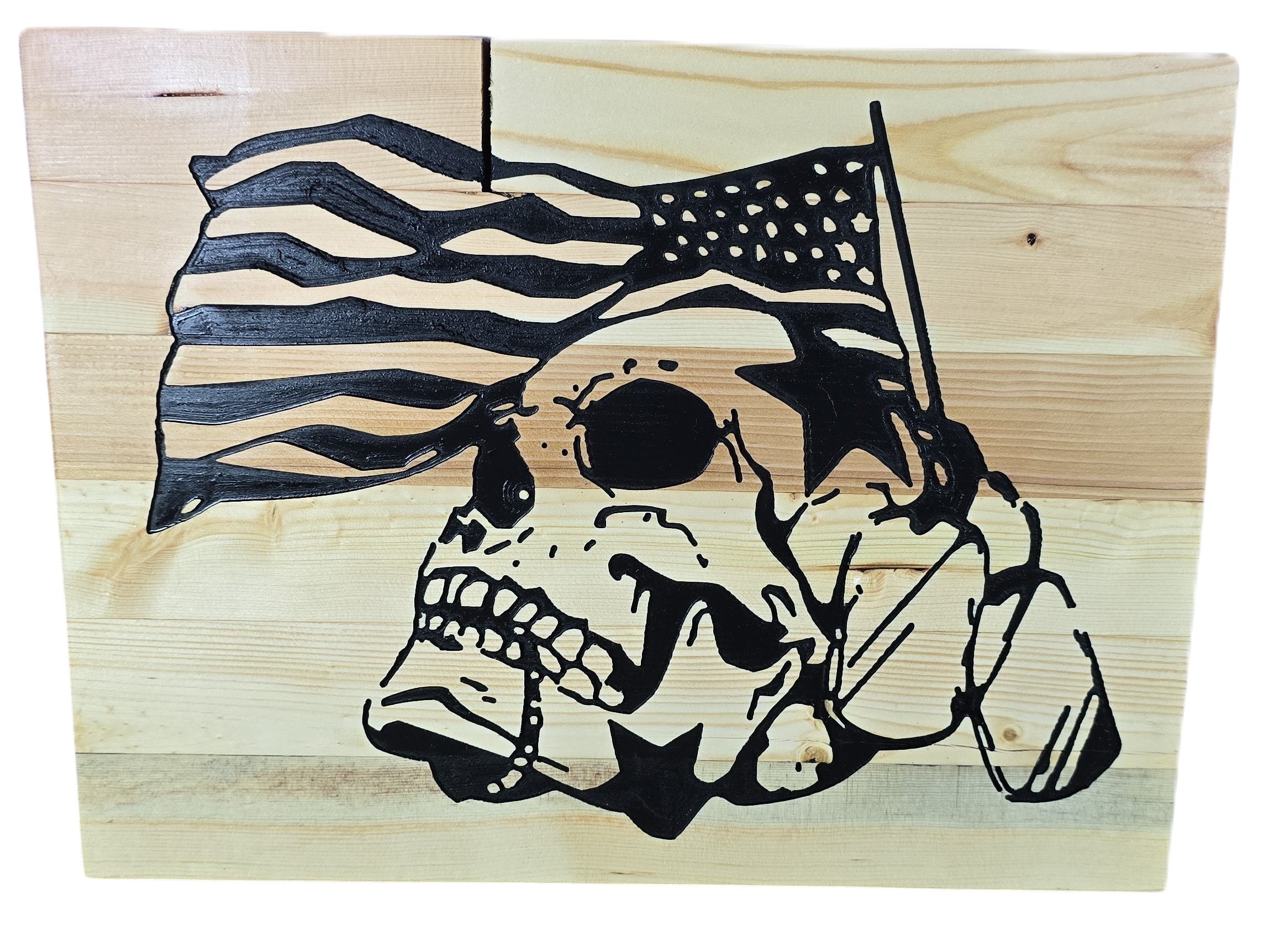TK Wood Designs American Skull Flag Wood Wall Art. Natural wood with black graphic of skull and US flag. Rustic, edgy design.