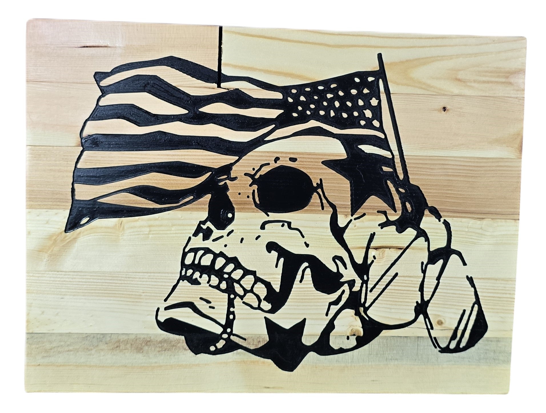 TK Wood Designs American Skull Flag Wood Wall Art. Black graphic on natural wood.