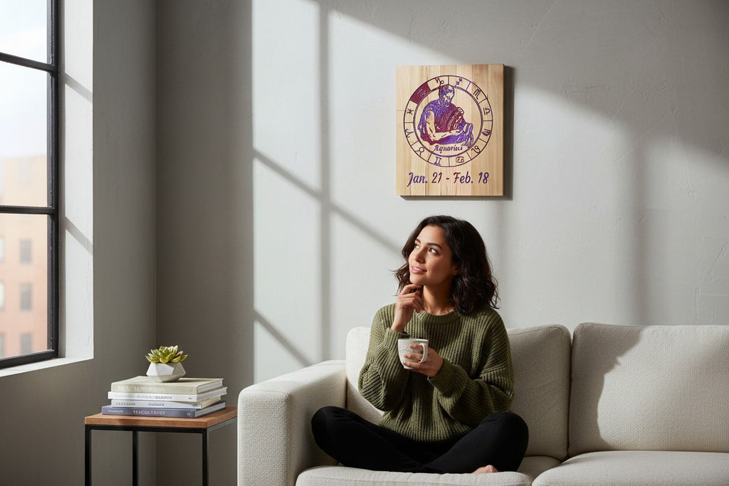 TK Wood Designs Aquarius zodiac sign engraved wooden wall art hanging above a woman sitting on a beige sofa.