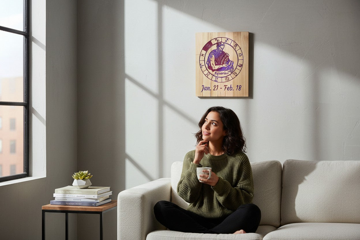 TK Wood Designs Aquarius zodiac sign engraved wooden wall art hanging above a woman sitting on a beige sofa.
