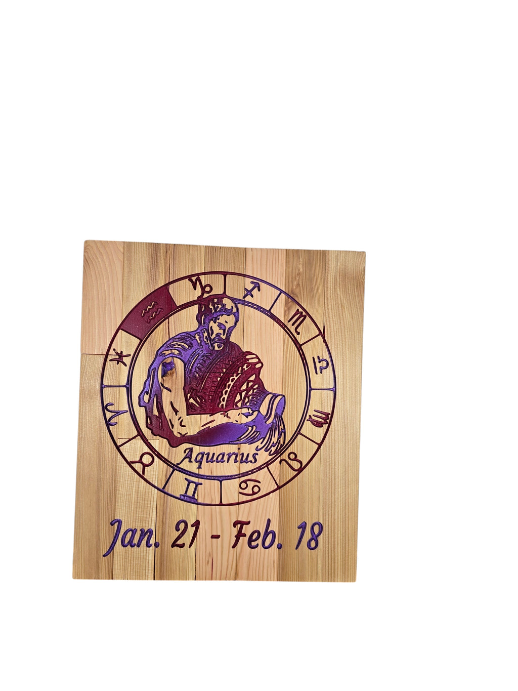 TK Wood Designs Aquarius zodiac wall art featuring laser-engraved water bearer and purple accents on natural wood.
