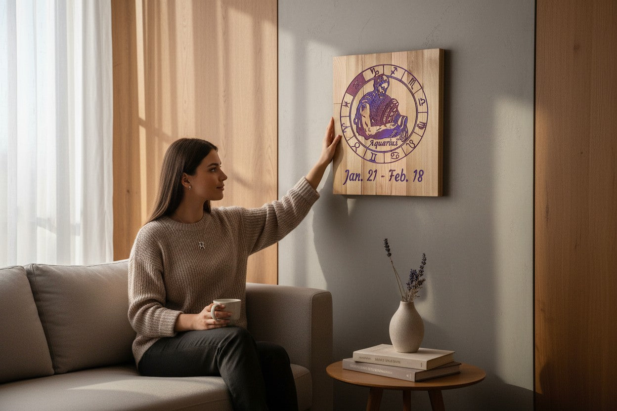 Woman touching TK Wood Designs Aquarius zodiac wooden wall art with purple engraved details above a living room sofa.