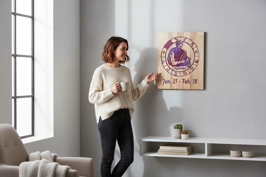 Woman pointing at TK Wood Designs Aquarius zodiac wall art with purple engraved details on natural wood grain.