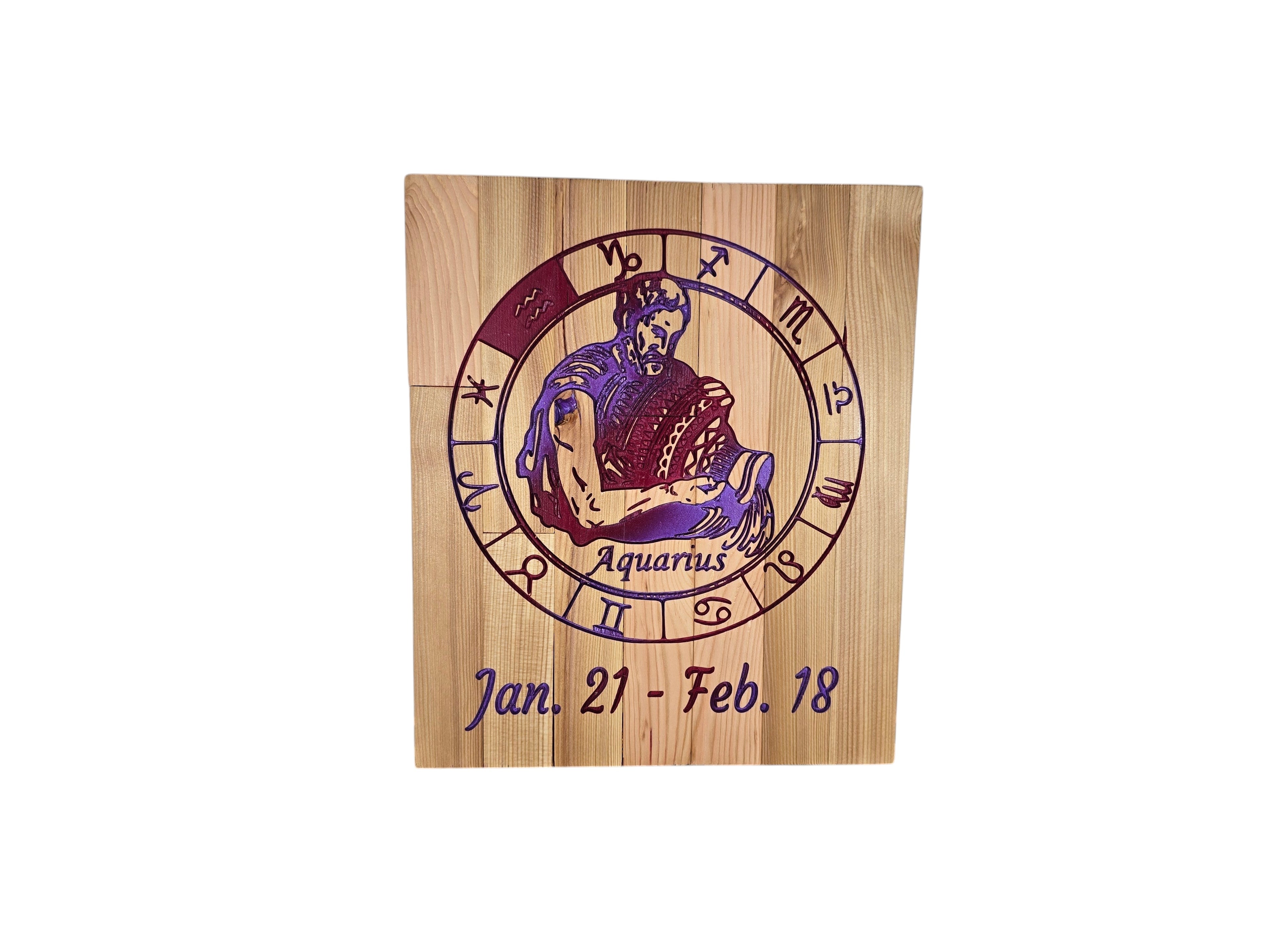 TK Wood Designs Aquarius zodiac wall art featuring precision-engraved water-bearer imagery with purple accents on wood.