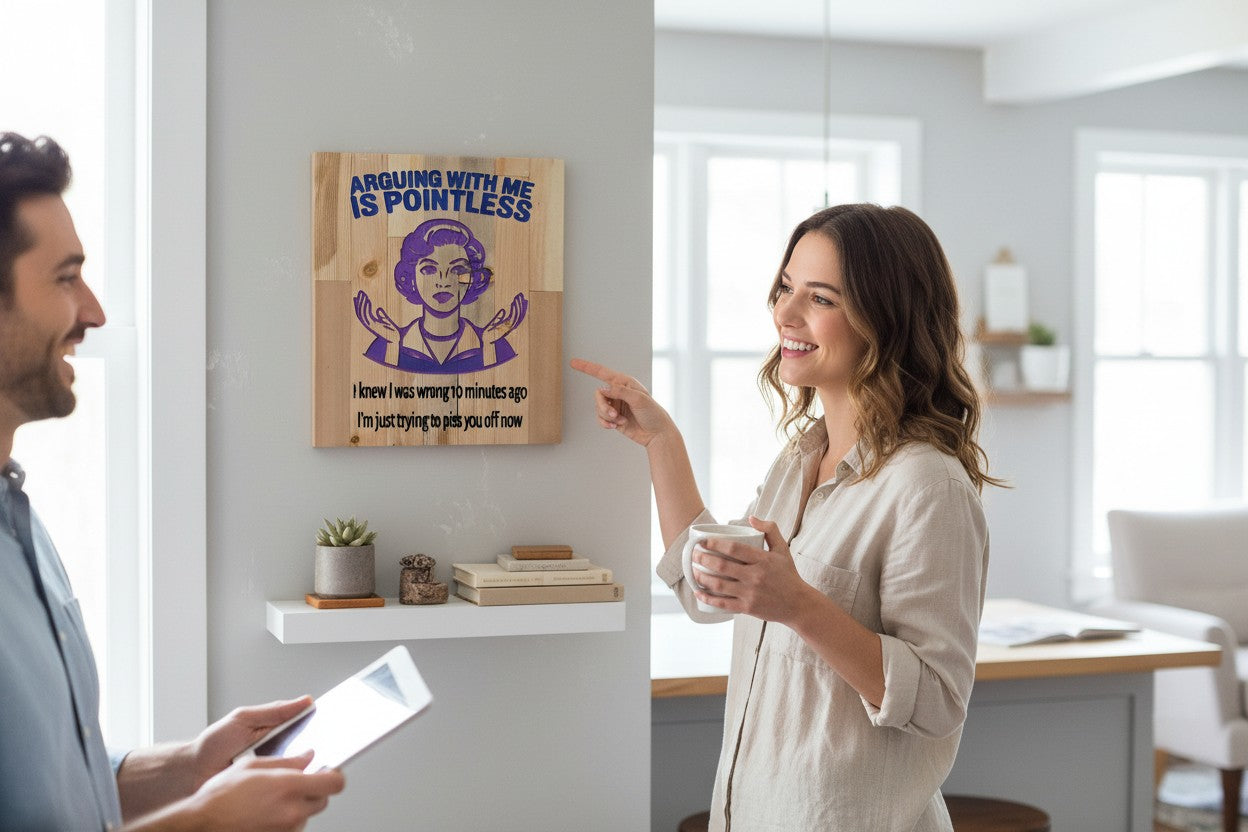 TK Wood Designs wooden sign with purple engraved woman and text: Arguing with me is pointless. I knew I was wrong 10 minutes ago, I'm just trying to piss you off now.