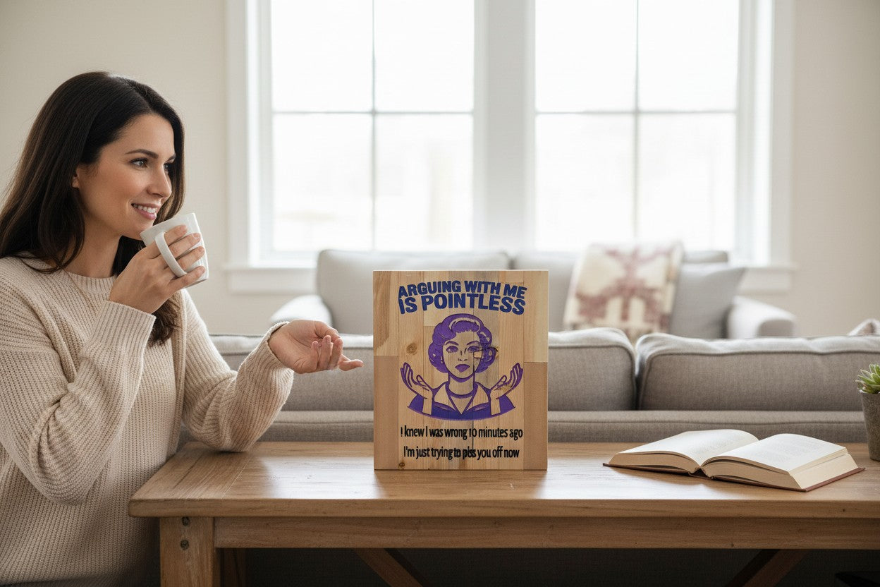 TK Wood Designs wooden sign with purple carved woman and text: Arguing with me is pointless. I knew I was wrong 10 minutes ago, I'm just trying to piss you off now.