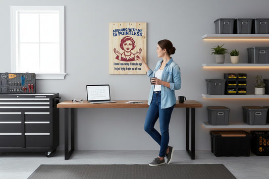 TK Wood Designs rustic wood sign with a retro comic style illustration and text: Arguing with me is pointless; I knew I was wrong 10 minutes ago. I'm just trying to p*** you off now.