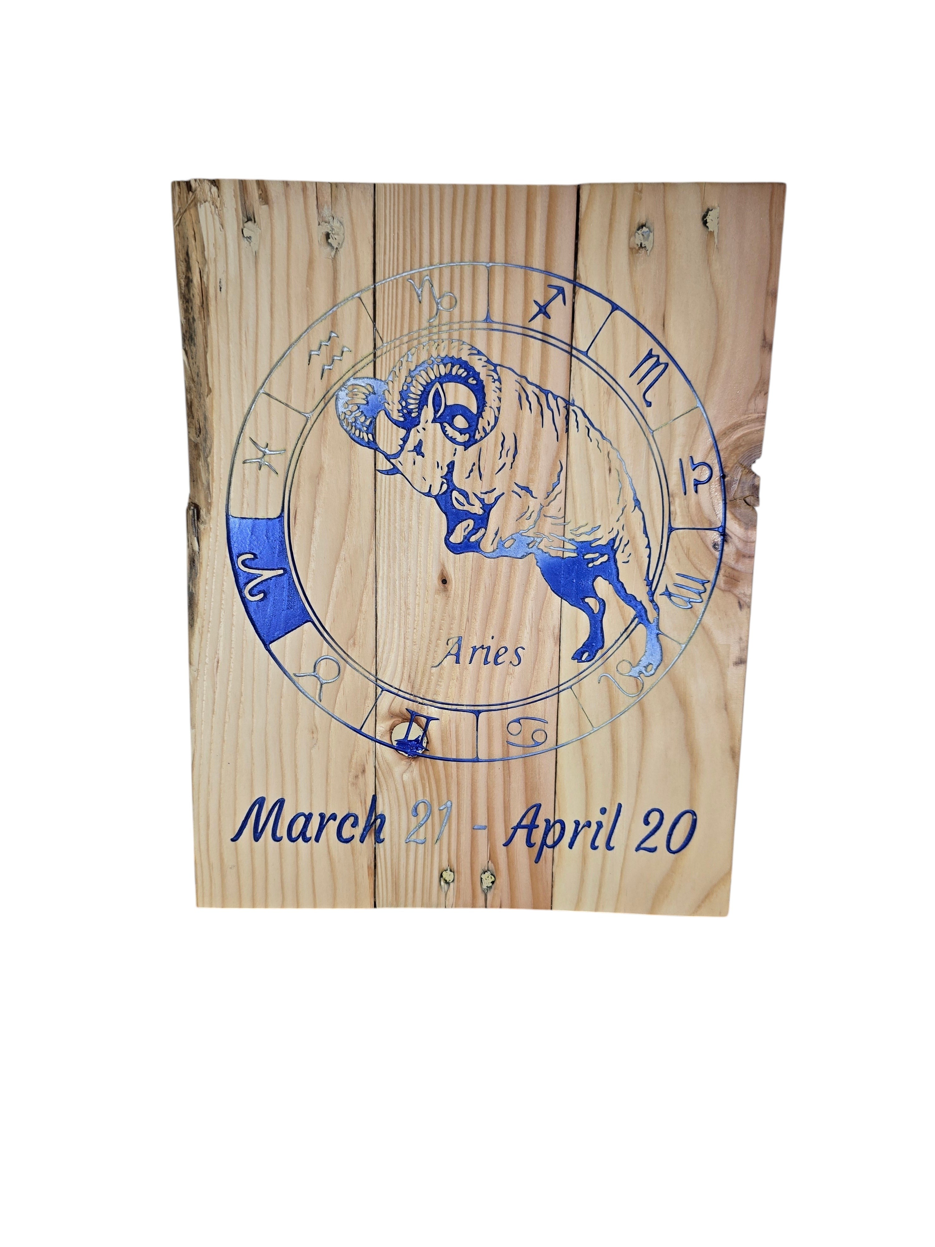 TK Wood Designs Aries zodiac wall plaque featuring a blue engraved ram and astrology wheel on natural rustic wood.