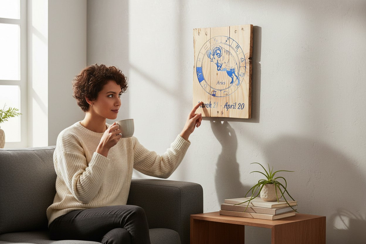 Woman sitting on a sofa touching a TK Wood Designs Aries zodiac wooden wall plaque with blue engraved ram illustration.
