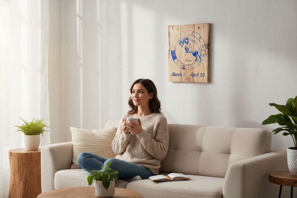 TK Wood Designs Aries zodiac wooden wall plaque with blue ram engraving displayed in a cozy, sunlit living room.