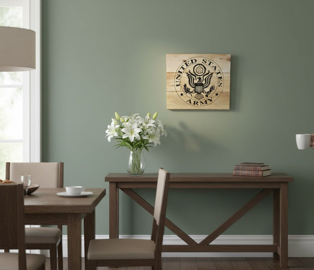 TK Wood Designs rustic wooden sign featuring the United States Army emblem, crafted from reclaimed wood with a distressed finish.
