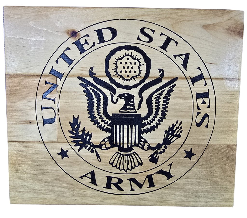 TK Wood Designs United States Army Emblem wood wall art, featuring the iconic black stencil design on natural wood planks.