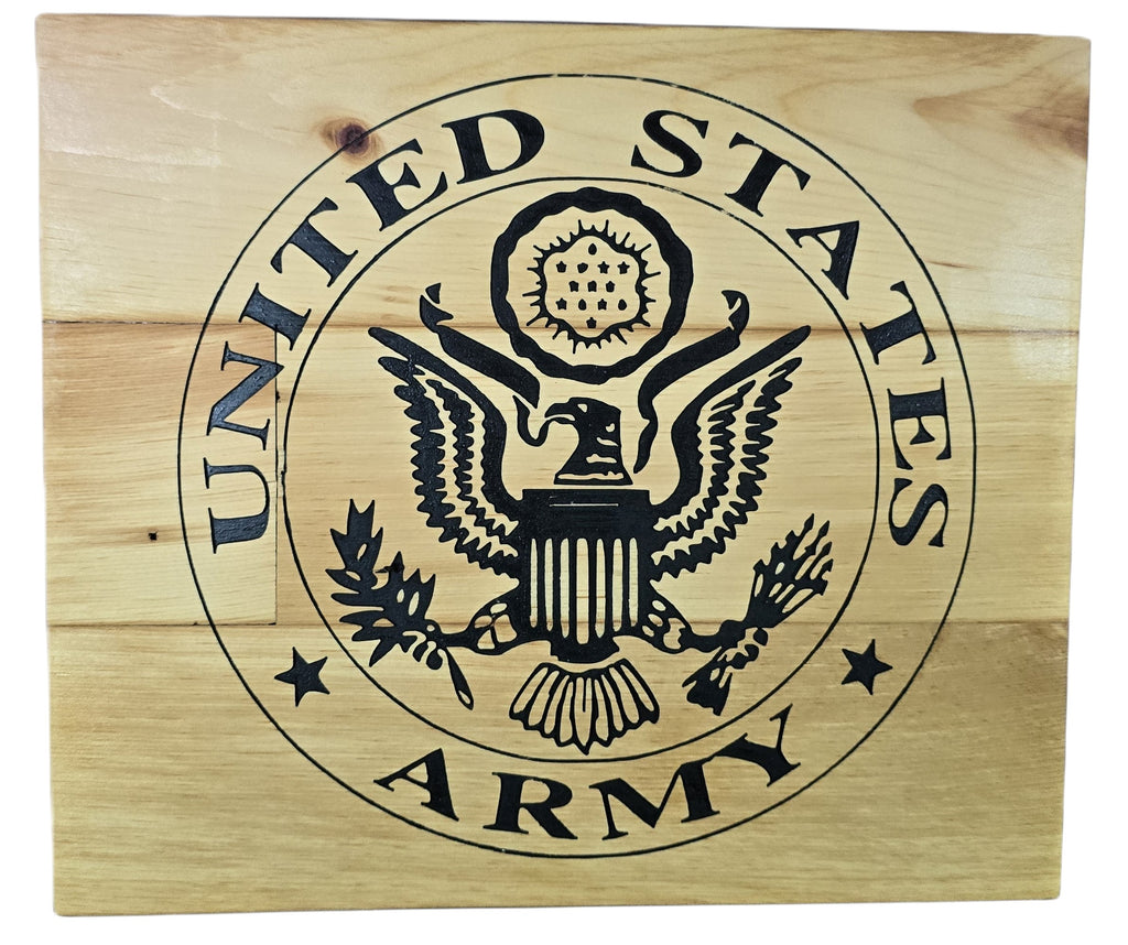 TK Wood Designs United States Army emblem wood wall art with black stencil design on natural wood planks.