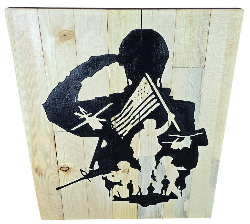 TK Wood Designs rustic wooden sign featuring a black silhouette of a soldier saluting the American flag, with military imagery like helicopters and rifles.