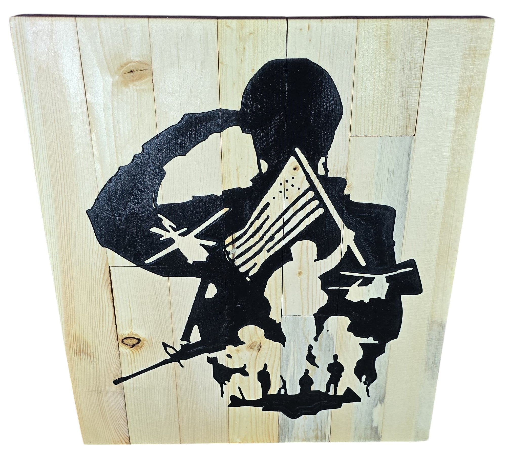 TK Wood Designs rustic wooden sign featuring a black silhouette of a soldier saluting the American flag, with military imagery like helicopters and rifles.