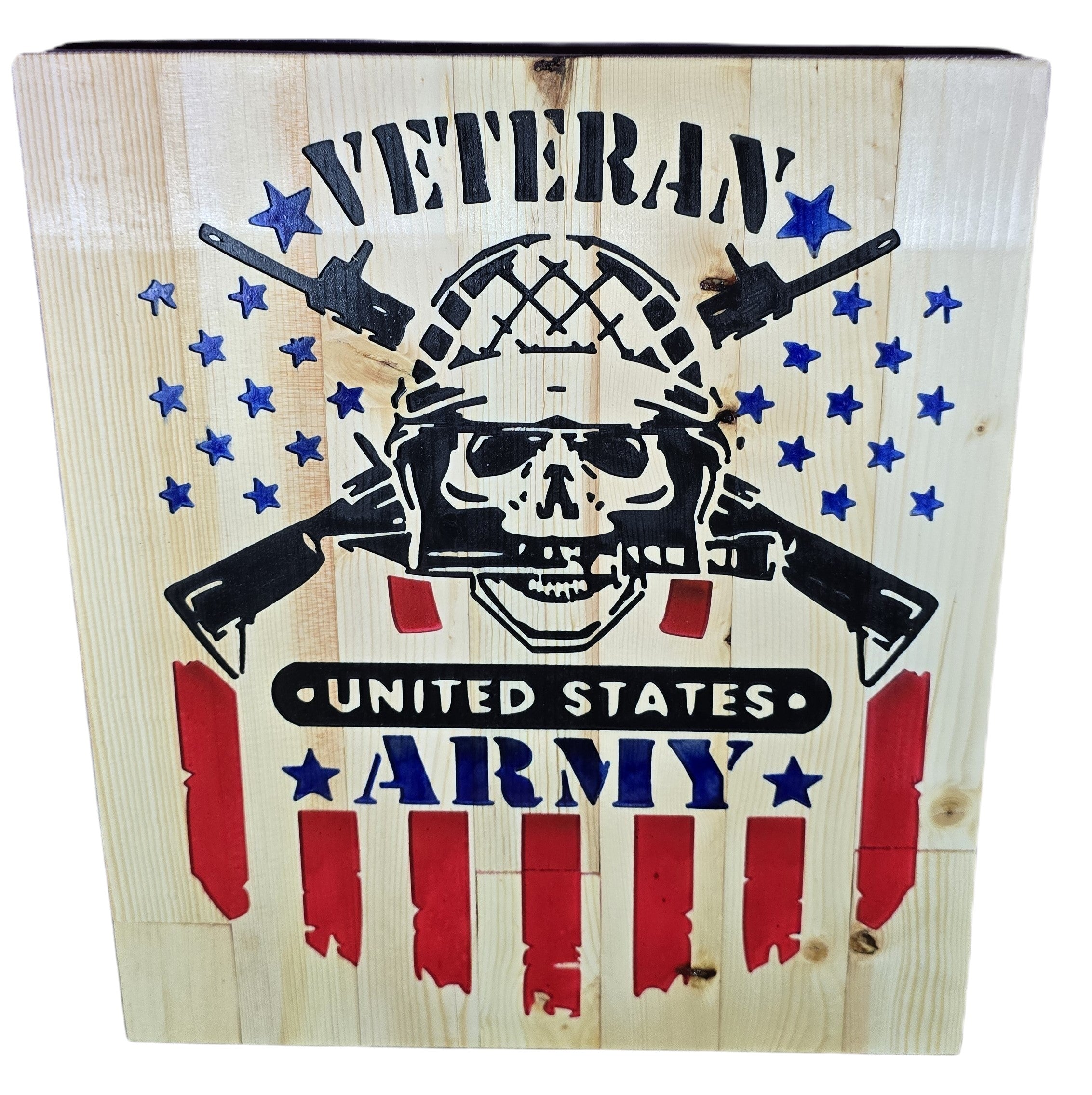 TK Wood Designs United States Army Veteran wooden wall art featuring a skull, helmet, crossed rifles, and American flag.
