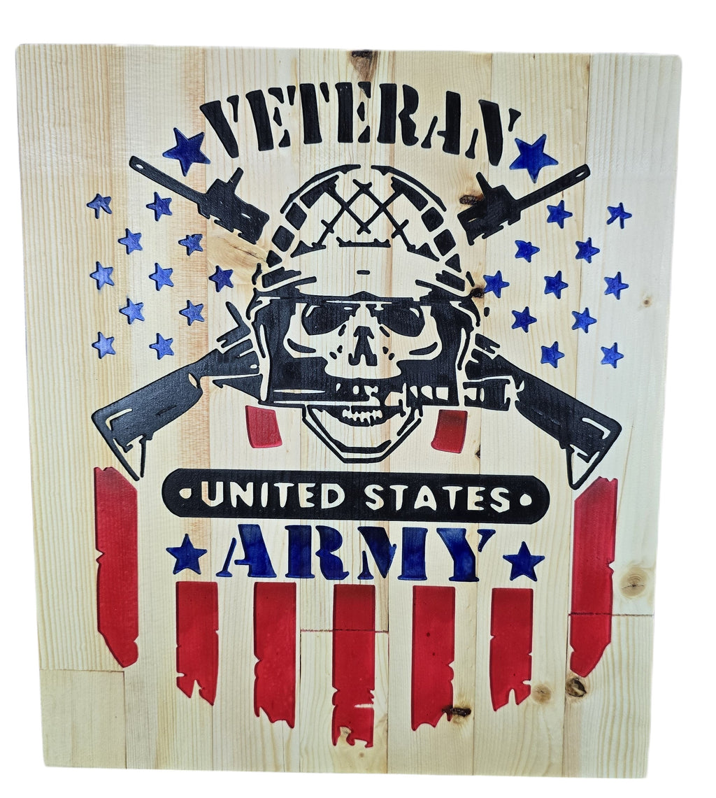 TK Wood Designs United States Army veteran wooden wall art with skull, helmet, crossed rifles, and distressed American flag.