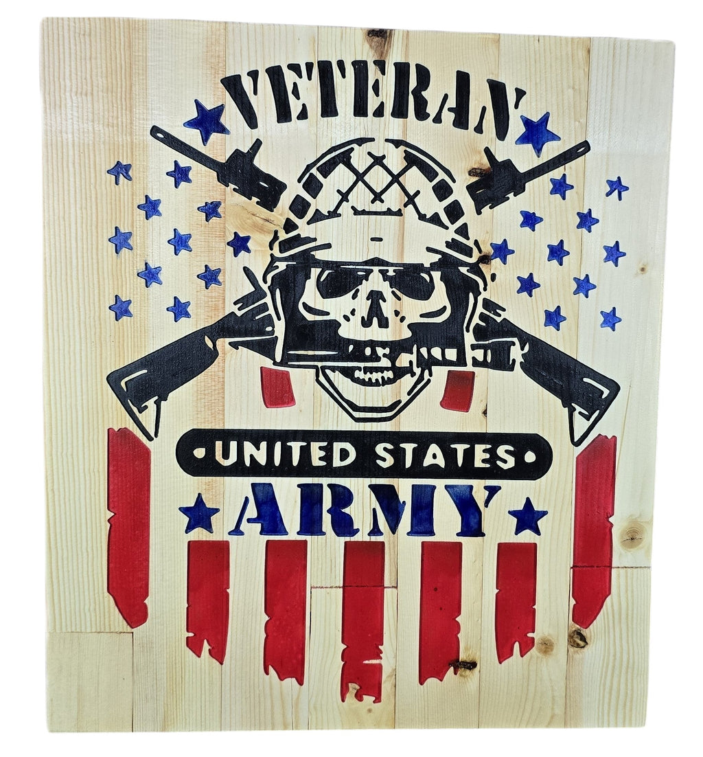 TK Wood Designs wooden wall art featuring a skull in a helmet, crossed rifles, US flag, and text 'VETERAN UNITED STATES ARMY'.