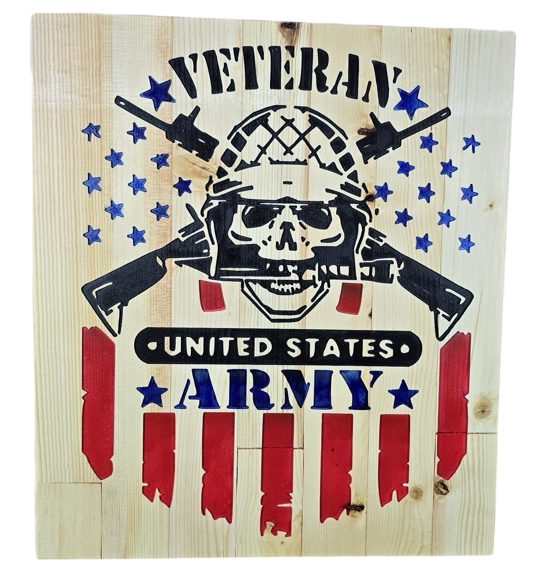TK Wood Designs wooden wall art featuring a skull in a helmet, crossed rifles, US flag, and text 'VETERAN UNITED STATES ARMY'.