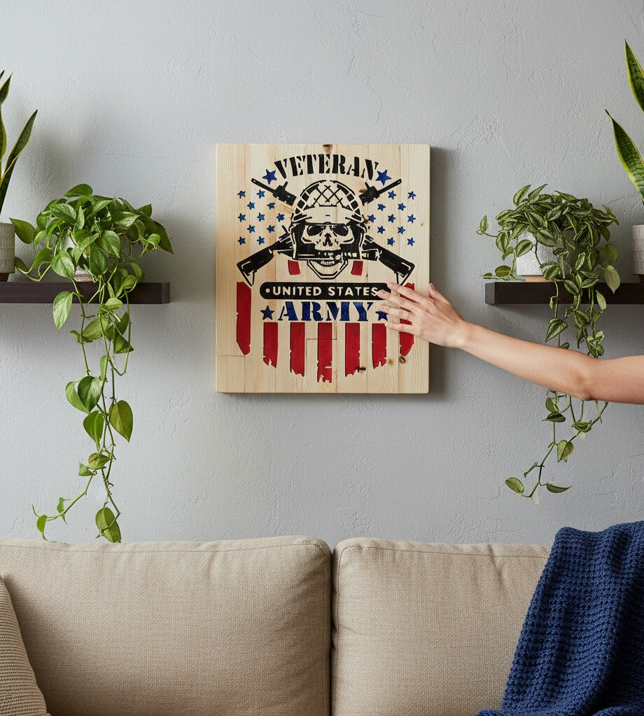TK Wood Designs Army veteran wooden sign with skull, helmet, crossed rifles, and distressed US flag design.
