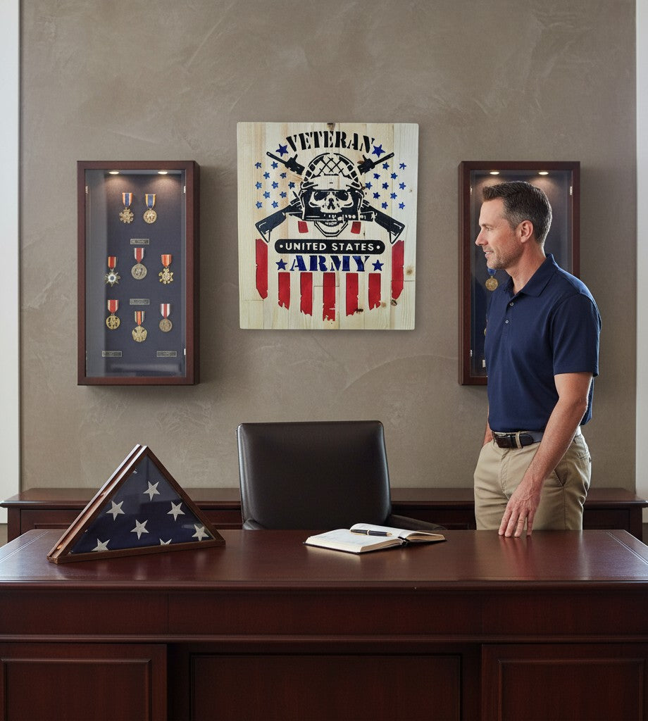 TK Wood Designs Army veteran wood sign with skull, helmet, crossed rifles, and distressed US flag design.