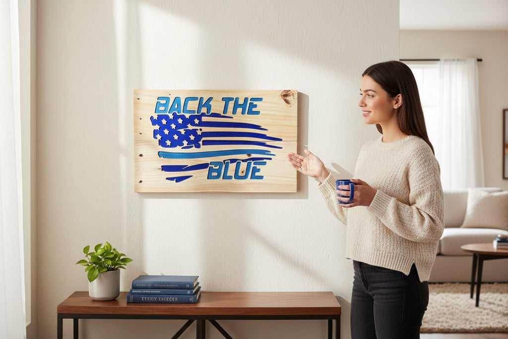 TK Wood Designs distressed wood wall art featuring a blue American flag with "Back the Blue" text.